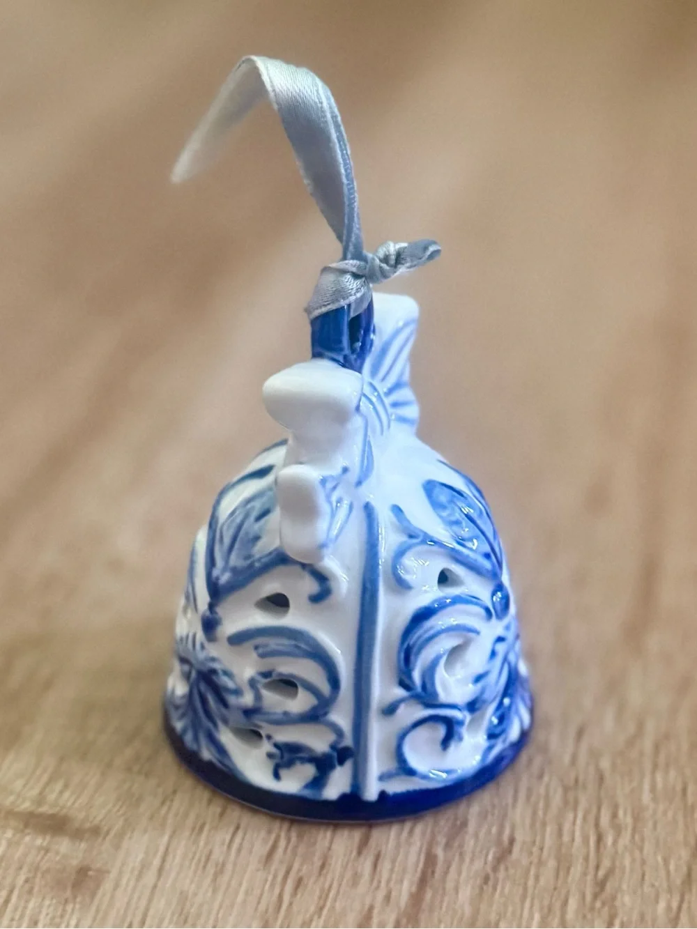 Delft Blue White Porcelain Pierced Bell Ornament Floral Bow Mini Decor 2.5”